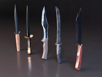 Five Assorted Weapon Knives Showcasing Diverse Handles And Sharp Metal Blades Displayed 3d model