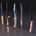Five Assorted Weapon Knives Showcasing Diverse Handles And Sharp Metal Blades Displayed