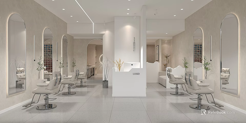 Modern Hair Salon Interior Design With White Reception Desk Styling Chairs Mirrors And Decorative Plants 3d model 