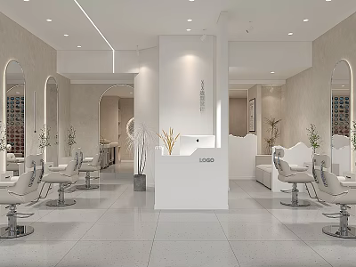 Modern Hair Salon Interior Design With White Reception Desk Styling Chairs Mirrors And Decorative Plants 3d model
