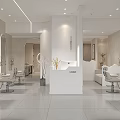 Modern Hair Salon Interior Design With White Reception Desk Styling Chairs Mirrors And Decorative Plants