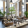 Modern Hotel Public Lounge Area Design With Sofas Armchairs Green Plant Wooden Tables And Decorative Sculptures