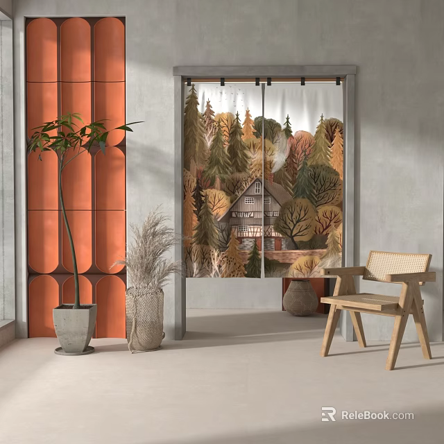 Forest and House Pattern Curtains in Modern Interior with Potted Plants and Wooden Chair 3d model 