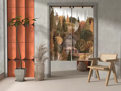 Forest and House Pattern Curtains in Modern Interior with Potted Plants and Wooden Chair 3d model