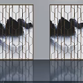 Modern Swing Doors with Geometric Lattice and Landscape Art Panels 3d model