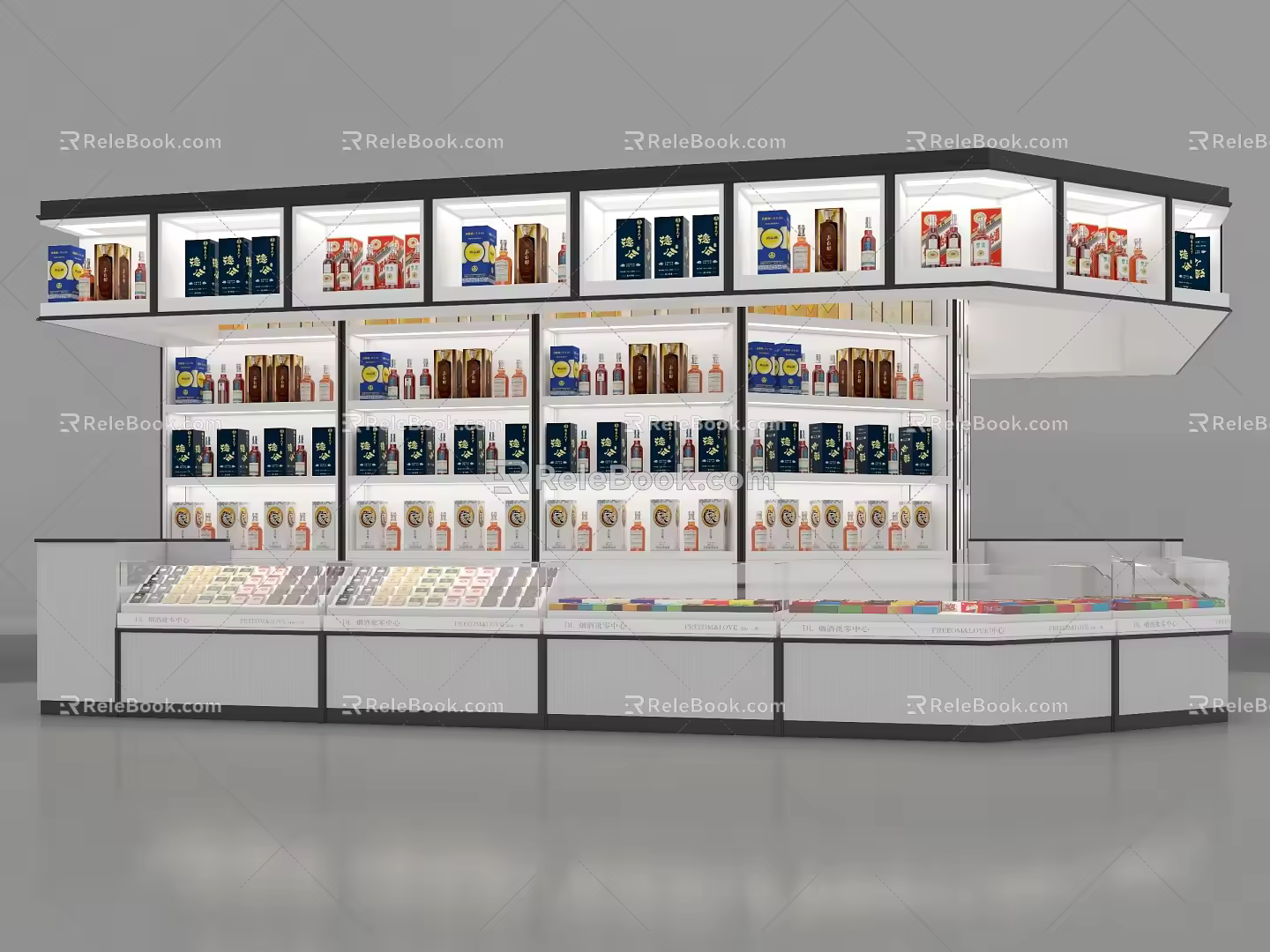 Modern Supermarket Alcohol and Tobacco Counter White Shelf with Light 3d model