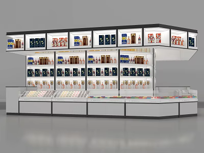 Supermarket Grocery Retail Display with Multi Tiered Shelves and Transparent Cases Holding Assorted Goods 3d model