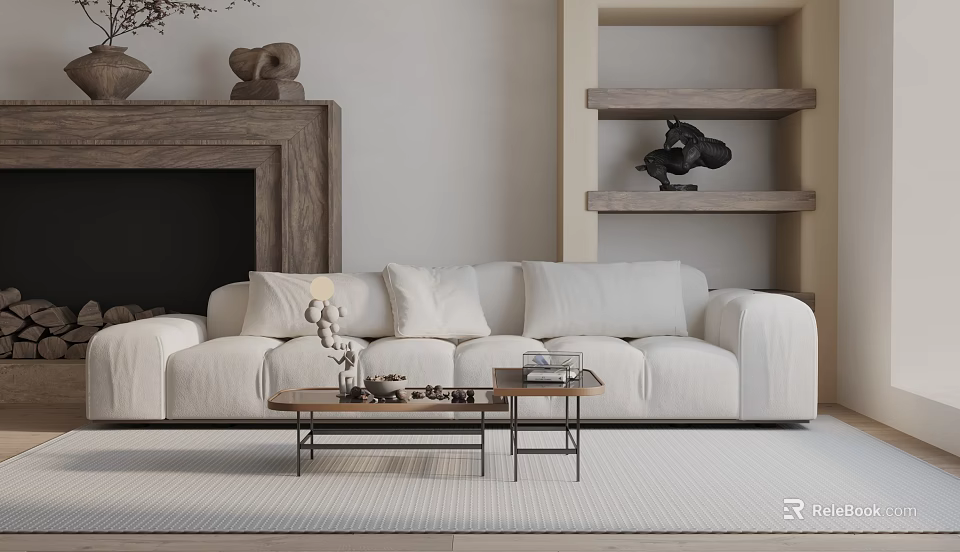 Modern Living Room Interior With White Three-Seater Sofa Coffee Table And Decorative Shelves 3d model 