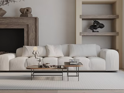 Modern Living Room Interior With White Three-Seater Sofa Coffee Table And Decorative Shelves 3d model
