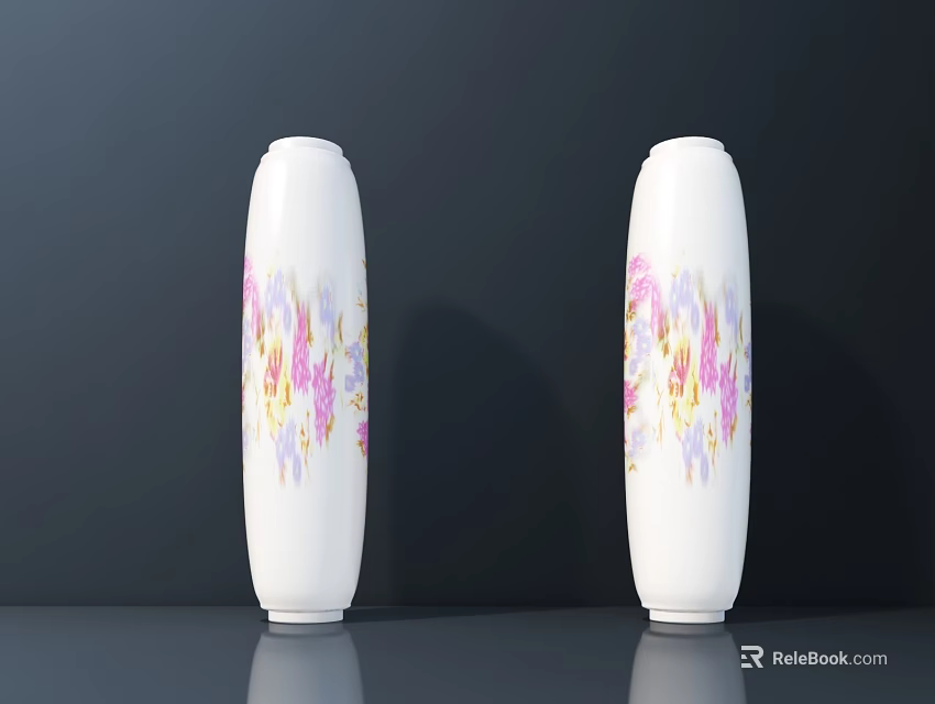 Two White Cylindrical Table Lamps With Pink And Yellow Floral Patterns Against Dark Background 3d model 