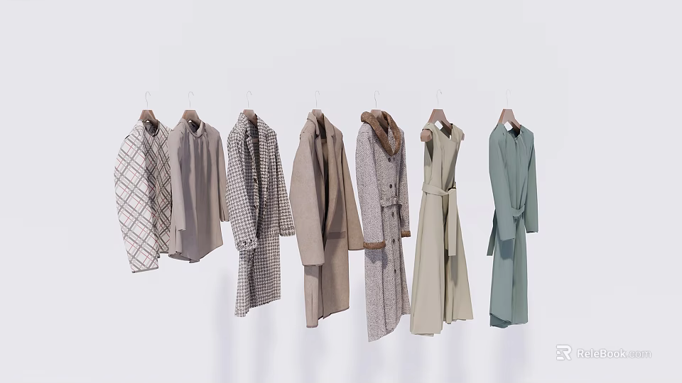 Clothing Items With Light Colors Plaid Patterns Furry Details Including Hanging Coats Dresses Shirts 3d model 