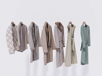 Clothing Items With Light Colors Plaid Patterns Furry Details Including Hanging Coats Dresses Shirts 3d model
