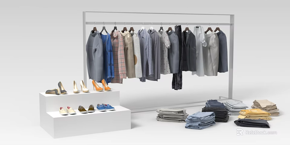 Metal Clothing Rack With Dresses Shirts Coats Shoes And Folded Clothes On 3d model 