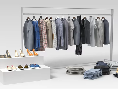 Metal Clothing Rack With Dresses Shirts Coats Shoes And Folded Clothes On 3d model