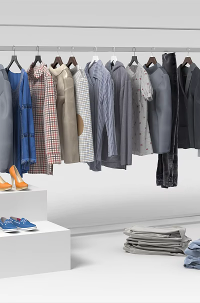 Metal Clothing Rack With Dresses Shirts Coats Shoes And Folded Clothes On 3d model