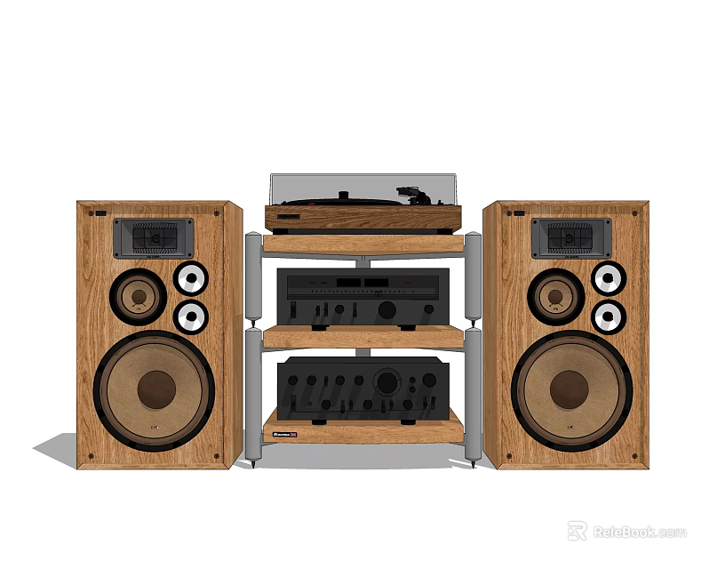 Wooden Audio Speaker System With Multiple Drivers Turntable And Amplifier 3d model