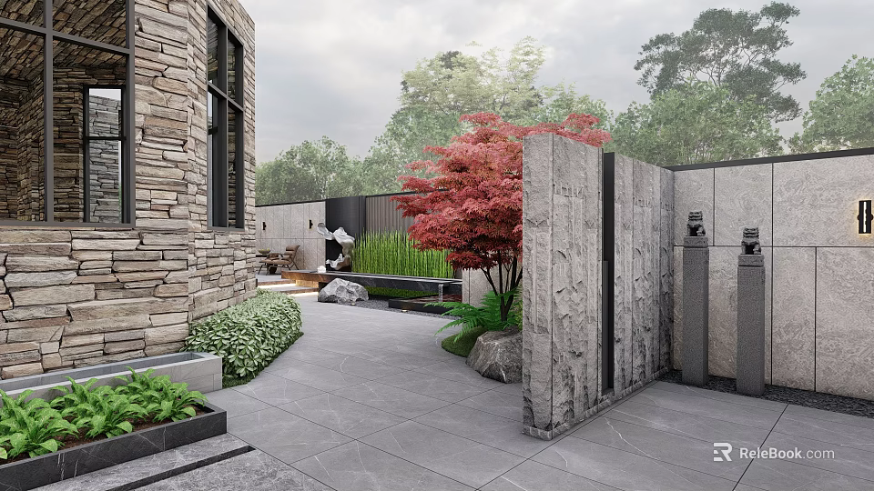 Modern Courtyard Garden With Stone Walls Red Maple Tree Green Plants And Stone Slab Flooring 3d model 