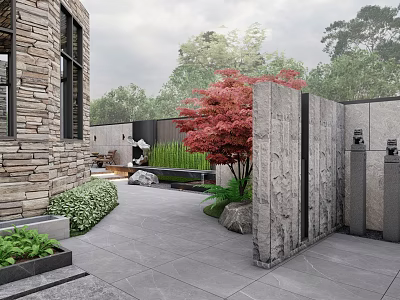 Modern Courtyard Garden With Stone Walls Red Maple Tree Green Plants And Stone Slab Flooring 3d model