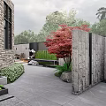 Modern Courtyard Garden With Stone Walls Red Maple Tree Green Plants And Stone Slab Flooring