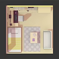 Cartoon Scene of Colorful Pink Yellow Room With Bed Desk Bookshelf And Sofa