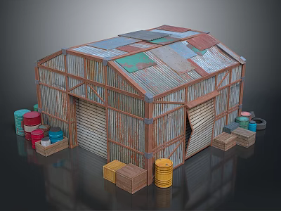 Rustic Metal Shed Structure With Rusted Roof Roll Up Doors And Wooden Crates 3d model