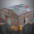 Rustic Metal Shed Structure With Rusted Roof Roll Up Doors And Wooden Crates