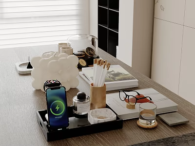 Modern Home Desk Setup With Charging Phone Tray Magazines And Glasses 3d model