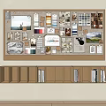 Photo Wall with Color Swatches Photos and Wooden Shelf with Books in Minimalist Room