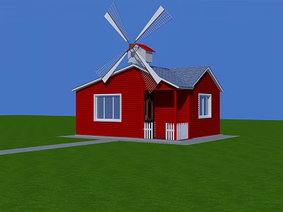 Small Red House With Windmill White Windows On Green Grass Under Blue Sky 3d model