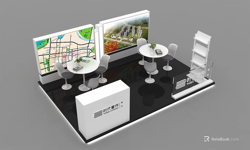 Modern Exhibition Booth Setup With Large Display Screens Round Tables Chairs And Display Racks 3d model 