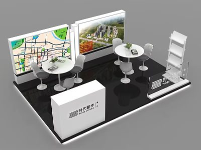 Modern Exhibition Booth Setup With Large Display Screens Round Tables Chairs And Display Racks 3d model