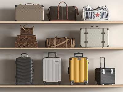 Different Types of Luggage and Bags in Various Colors Displayed on Wooden Shelves 3d model