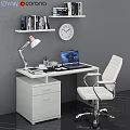 Modern Office Desk And Chair Set With Desk Lamp Laptop Bookshelf And Wall Clock