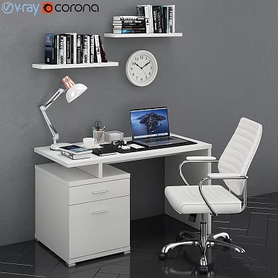 Modern Office Desk And Chair Set With Desk Lamp Laptop Bookshelf And Wall Clock 3d model