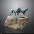 Two Bronze Hound Statues Standing On Stone Base Engraved CRAB Inscription