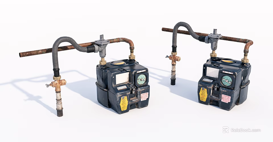 Two Black Gas Meters With Pipes And Valves On White Background 3d model 