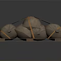 Stacked Brown Sacks Tightly Secured With Ropes On Wooden Pallet