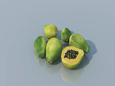 Fresh Green And Yellow Papayas With Whole And Cut Pieces On Gray Background 3d model