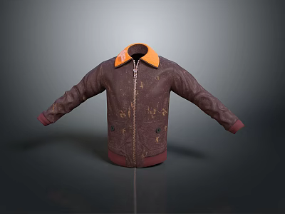 Brown Leather Jacket With Orange Collar Red Cuffs Hem And Patterned Design 3d model