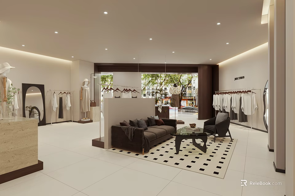 Clothing Store Interior With Displayed Clothes Sofa Coffee Table Mirror And Bright Lighting 3d model