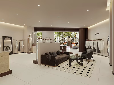 Clothing Store Interior With Displayed Clothes Sofa Coffee Table Mirror And Bright Lighting 3d model