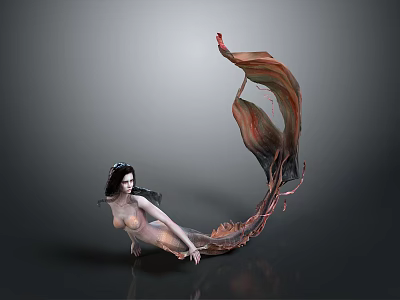Fantasy Mermaid With Long Black Hair And Brown Red Tail Mythical Creature 3d model