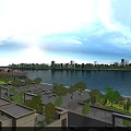 Scenic Lakeside City Landscape With Blue Sky White Clouds Green Trees And Sunshine