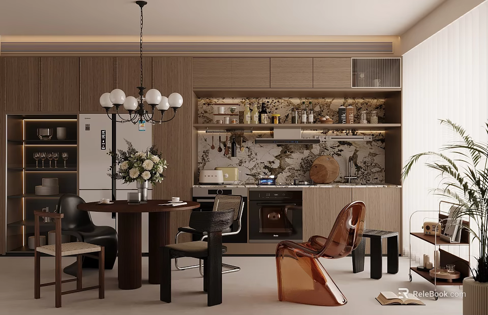 Modern Restaurant Interior Design With Wooden Dining Table Chandelier Leather Chairs And Decorative Wall Art 3d model 