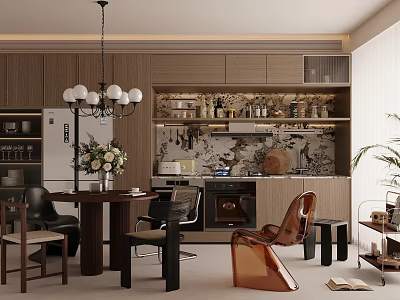 Modern Restaurant Interior Design With Wooden Dining Table Chandelier Leather Chairs And Decorative Wall Art 3d model