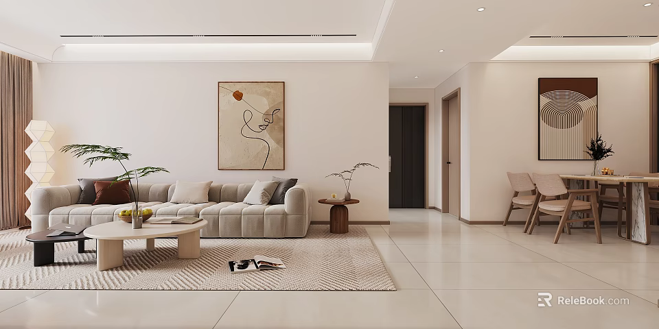 Modern Living Dining Room Interior With Light Sofa Coffee Table Rug And Decorative Painting 3d model 