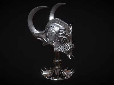 Intricate Silver Horned Helmet Decorative Ornament Set With Spiked Base Stand 3d model