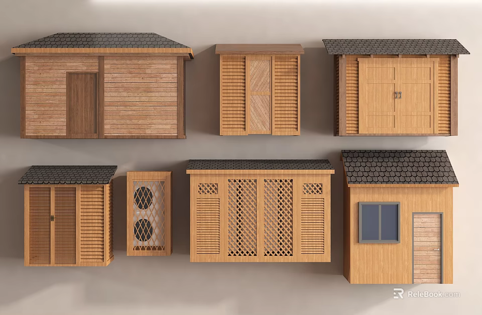 Various Wooden Cabins Designs With Different Roofs Doors And Windows 3d model 