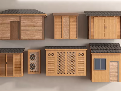 Various Wooden Cabins Designs With Different Roofs Doors And Windows 3d model