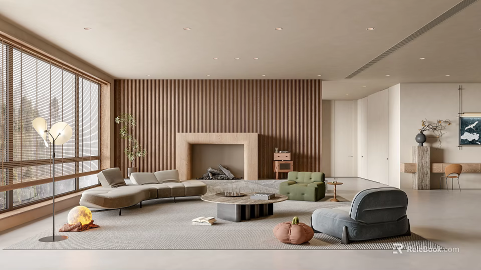 Modern Living Dining Room With Wooden Wall Fireplace Sofas Round Coffee Table And Large Windows 3d model 